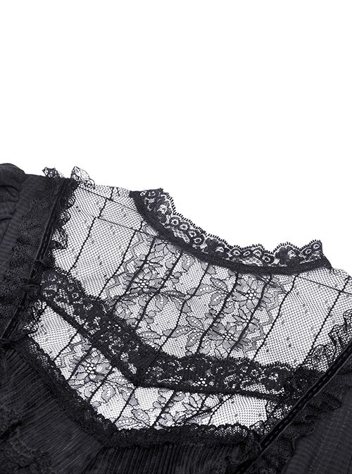 Gothic Style Lace Stand-Up Collar And Metal Cross Decoration Sweet Puff Sleeves Black Dress
