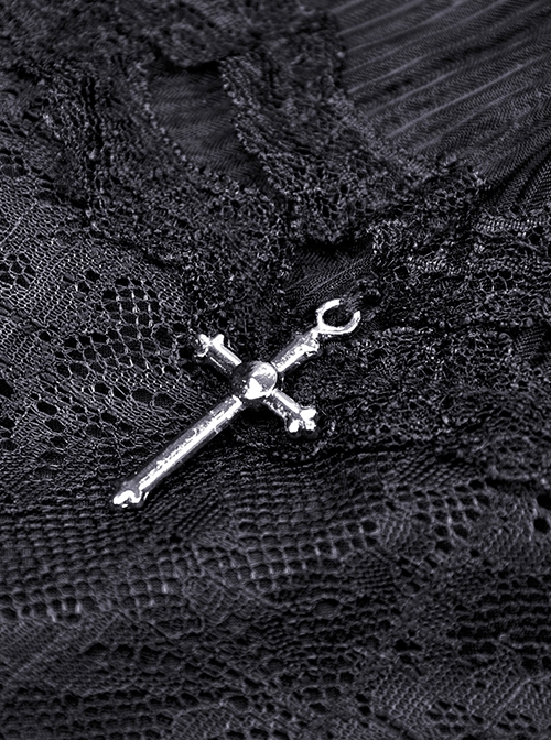Gothic Style Lace Stand-Up Collar And Metal Cross Decoration Sweet Puff Sleeves Black Dress