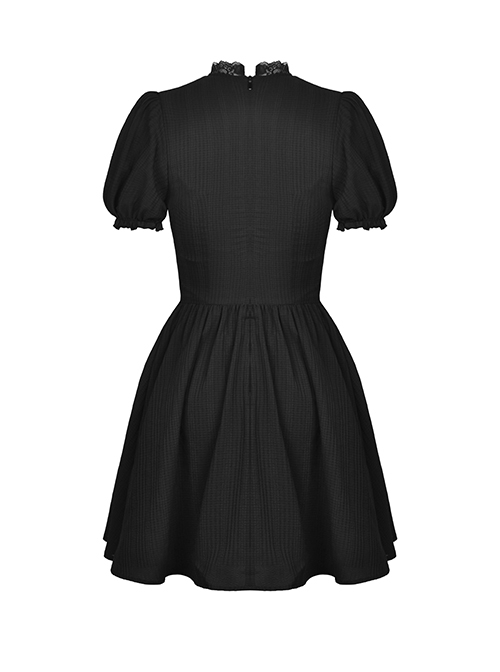 Gothic Style Lace Stand-Up Collar And Metal Cross Decoration Sweet Puff Sleeves Black Dress