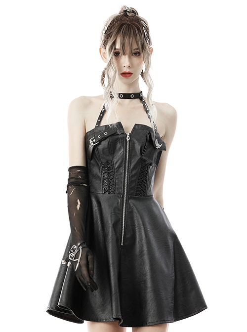 Punk Style Metal Buckle Zipper Decoration Cool Black Leather Suspender Halter Dress