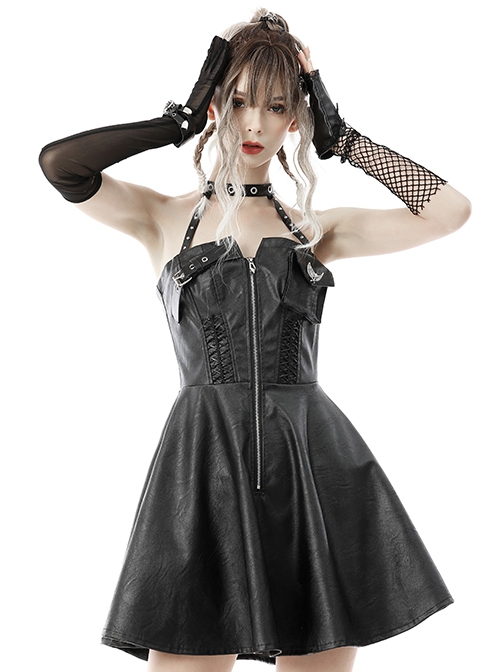 Punk Style Metal Buckle Zipper Decoration Cool Black Leather Suspender Halter Dress