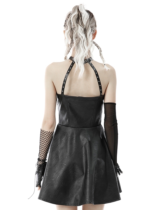 Punk Style Metal Buckle Zipper Decoration Cool Black Leather Suspender Halter Dress
