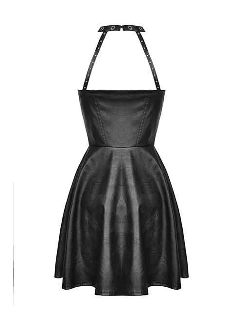 Punk Style Metal Buckle Zipper Decoration Cool Black Leather Suspender Halter Dress