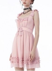 Gothic Style Cute Bowknot Ruffle Decoration Light Mesh Cross Strap Sweet Pink Suspender Dress