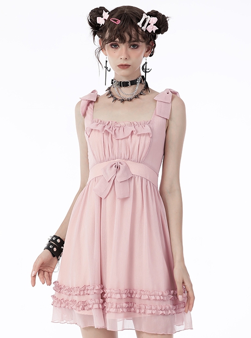 Gothic Style Cute Bowknot Ruffle Decoration Light Mesh Cross Strap Sweet Pink Suspender Dress