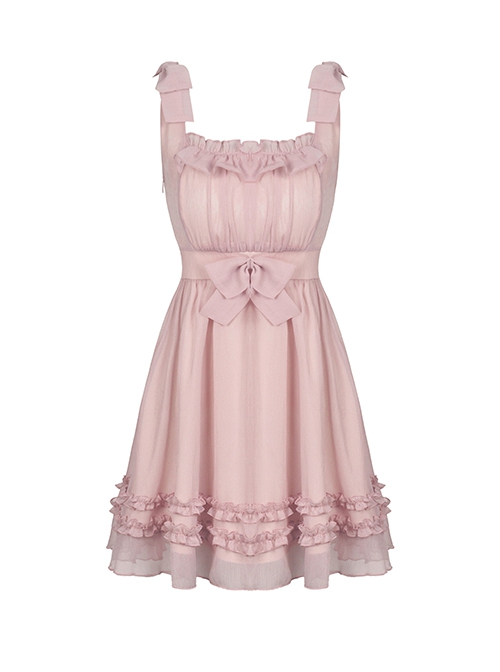 Gothic Style Cute Bowknot Ruffle Decoration Light Mesh Cross Strap Sweet Pink Suspender Dress