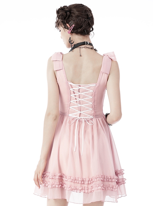 Gothic Style Cute Bowknot Ruffle Decoration Light Mesh Cross Strap Sweet Pink Suspender Dress