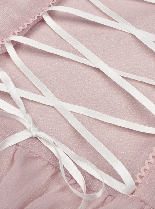 Gothic Style Cute Bowknot Ruffle Decoration Light Mesh Cross Strap Sweet Pink Suspender Dress