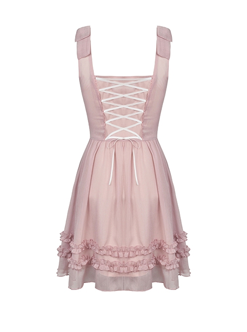 Gothic Style Cute Bowknot Ruffle Decoration Light Mesh Cross Strap Sweet Pink Suspender Dress