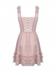 Gothic Style Cute Bowknot Ruffle Decoration Light Mesh Cross Strap Sweet Pink Suspender Dress