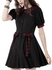 Gothic Style Unique Bleeding Doll Collar Design Red Plaid Strap Bowknot Black Puff Sleeves Dress