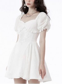 Gothic Style Elegant Jacquard Angel Lace Embroidery Daily Versatile White Puff Sleeve Dress