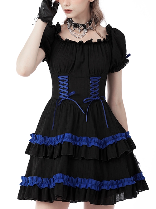 Gothic Style Blue Ribbon Bowknot Skirt Ruffled Black Cute Short Puff Sleeves Baby Doll Dress