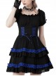 Gothic Style Blue Ribbon Bowknot Skirt Ruffled Black Cute Short Puff Sleeves Baby Doll Dress