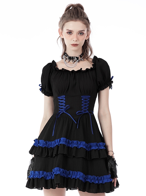 Gothic Style Blue Ribbon Bowknot Skirt Ruffled Black Cute Short Puff Sleeves Baby Doll Dress