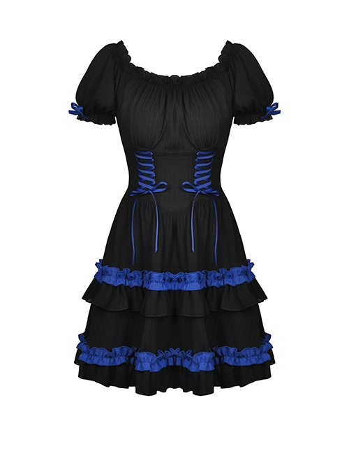 Gothic Style Blue Ribbon Bowknot Skirt Ruffled Black Cute Short Puff Sleeves Baby Doll Dress