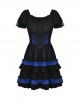Gothic Style Blue Ribbon Bowknot Skirt Ruffled Black Cute Short Puff Sleeves Baby Doll Dress