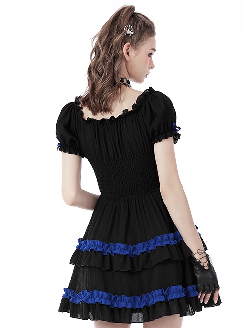 Gothic Style Blue Ribbon Bowknot Skirt Ruffled Black Cute Short Puff Sleeves Baby Doll Dress