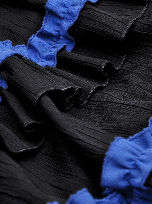 Gothic Style Blue Ribbon Bowknot Skirt Ruffled Black Cute Short Puff Sleeves Baby Doll Dress