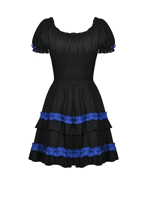 Gothic Style Blue Ribbon Bowknot Skirt Ruffled Black Cute Short Puff Sleeves Baby Doll Dress