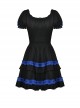 Gothic Style Blue Ribbon Bowknot Skirt Ruffled Black Cute Short Puff Sleeves Baby Doll Dress