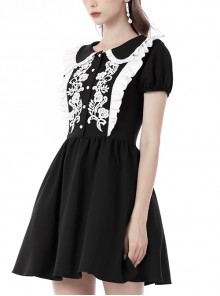 Gothic Style Cute Doll Collar Exquisite White Floral Embroidery Black Puff Sleeves Mini Dress