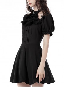 Gothic Style Ribbon Bow Retro Palace Style Bowknot Tie Black Halter Neck Puff Sleeves Mini Dress