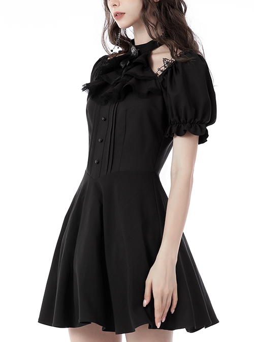 Gothic Style Ribbon Bow Retro Palace Style Bowknot Tie Black Halter Neck Puff Sleeves Mini Dress