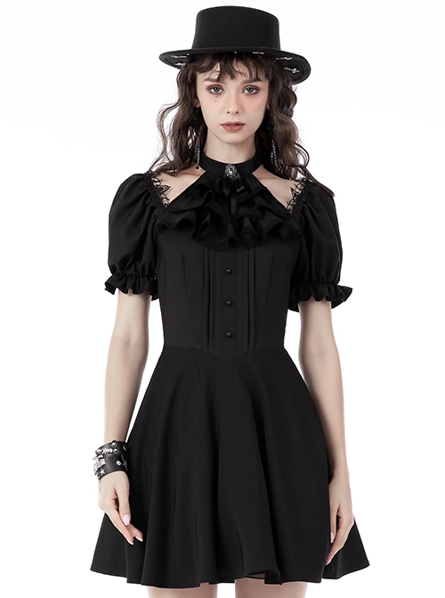 Gothic Style Ribbon Bow Retro Palace Style Bowknot Tie Black Halter Neck Puff Sleeves Mini Dress