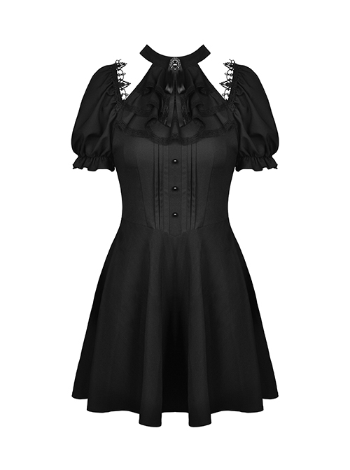 Gothic Style Ribbon Bow Retro Palace Style Bowknot Tie Black Halter Neck Puff Sleeves Mini Dress