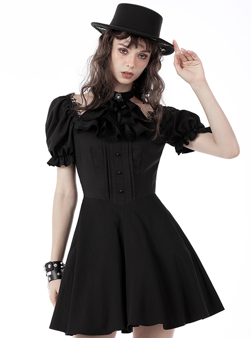 Gothic Style Ribbon Bow Retro Palace Style Bowknot Tie Black Halter Neck Puff Sleeves Mini Dress