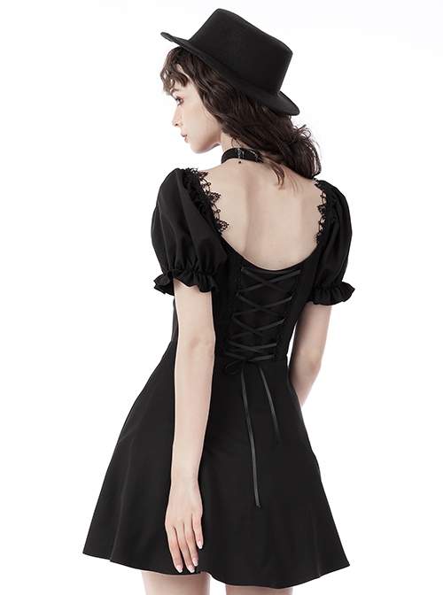 Gothic Style Ribbon Bow Retro Palace Style Bowknot Tie Black Halter Neck Puff Sleeves Mini Dress