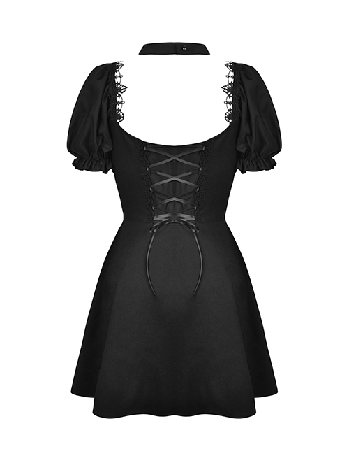 Gothic Style Ribbon Bow Retro Palace Style Bowknot Tie Black Halter Neck Puff Sleeves Mini Dress