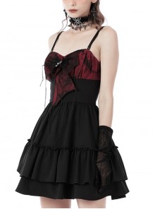 Gothic Style Metal Cross Decorated Dark Red Spider Web Bowknot Ruffles Sexy Black Suspender Dress