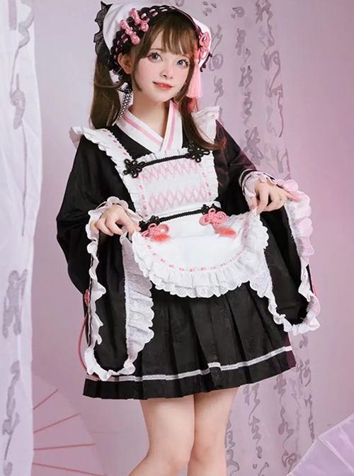 Cherry Blossoms Series Black Pink Japanese Style High Waist Kawaii Apron Bowknot Wide Sleeves Shirt Short Skirt Scarf Set