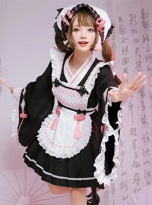 Cherry Blossoms Series Black Pink Japanese Style High Waist Kawaii Apron Bowknot Wide Sleeves Shirt Short Skirt Scarf Set