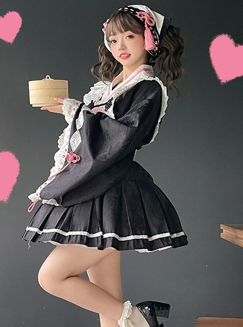 Cherry Blossoms Series Black Pink Japanese Style High Waist Kawaii Apron Bowknot Wide Sleeves Shirt Short Skirt Scarf Set