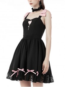 Gothic Style Sweet Pink Bowknot Leather Heart Decoration Pearl Pendant Embellished Black Suspender Doll Dress