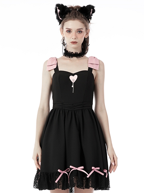 Gothic Style Sweet Pink Bowknot Leather Heart Decoration Pearl Pendant Embellished Black Suspender Doll Dress