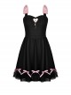 Gothic Style Sweet Pink Bowknot Leather Heart Decoration Pearl Pendant Embellished Black Suspender Doll Dress