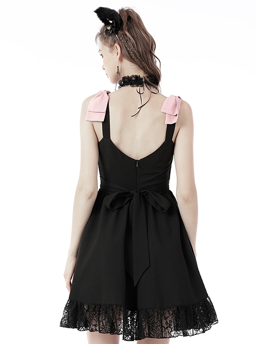Gothic Style Sweet Pink Bowknot Leather Heart Decoration Pearl Pendant Embellished Black Suspender Doll Dress