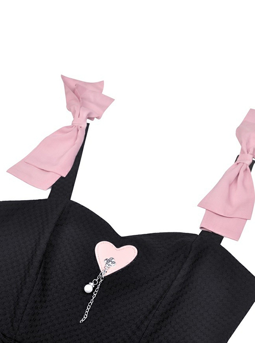 Gothic Style Sweet Pink Bowknot Leather Heart Decoration Pearl Pendant Embellished Black Suspender Doll Dress