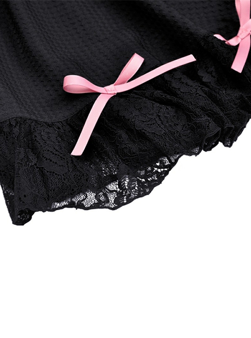 Gothic Style Sweet Pink Bowknot Leather Heart Decoration Pearl Pendant Embellished Black Suspender Doll Dress