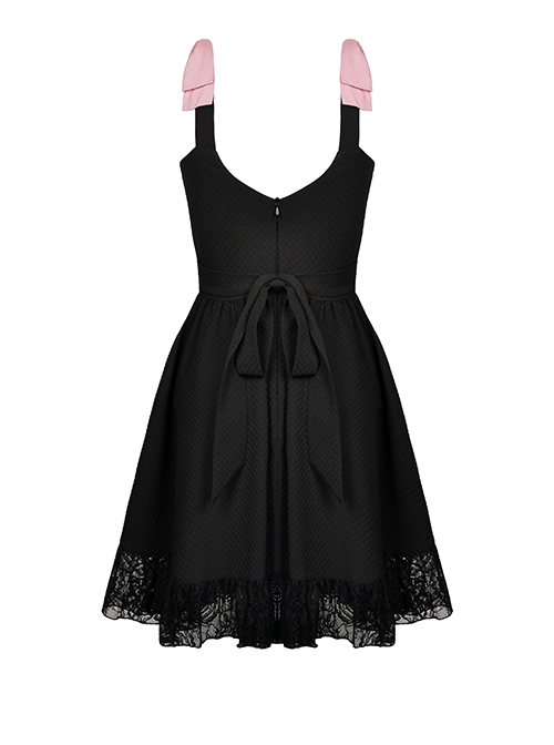 Gothic Style Sweet Pink Bowknot Leather Heart Decoration Pearl Pendant Embellished Black Suspender Doll Dress