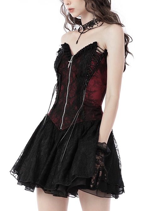 Gothic Style Red Off Shoulder Metal Cross Zipper Cross Strap Black Sexy Tube Top Waist Mini Dress