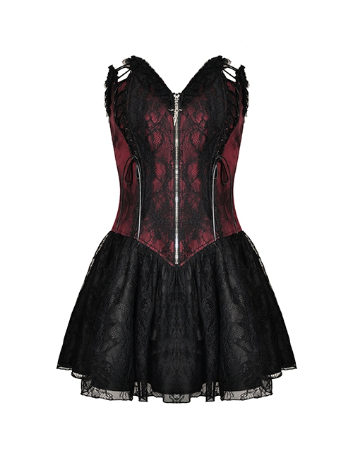 Gothic Style Red Off Shoulder Metal Cross Zipper Cross Strap Black Sexy Tube Top Waist Mini Dress