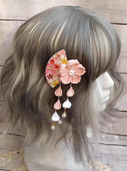 Japanese Style Girly Pink Sakura Modeling Side Fan Double Petal Tassel Oiran Sweet Lolita Hairpin