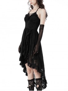 Gothic Style Retro Ruffled Low Collar Lace Short Front Long Back Hem Sexy Black Suspender Dress