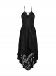Gothic Style Retro Ruffled Low Collar Lace Short Front Long Back Hem Sexy Black Suspender Dress
