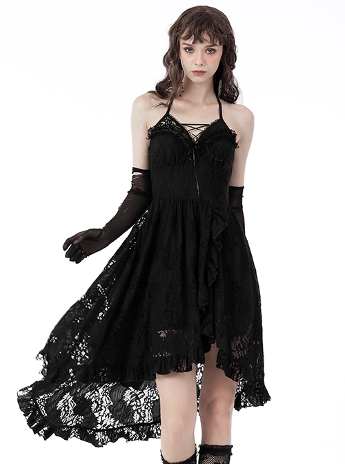 Gothic Style Retro Ruffled Low Collar Lace Short Front Long Back Hem Sexy Black Suspender Dress